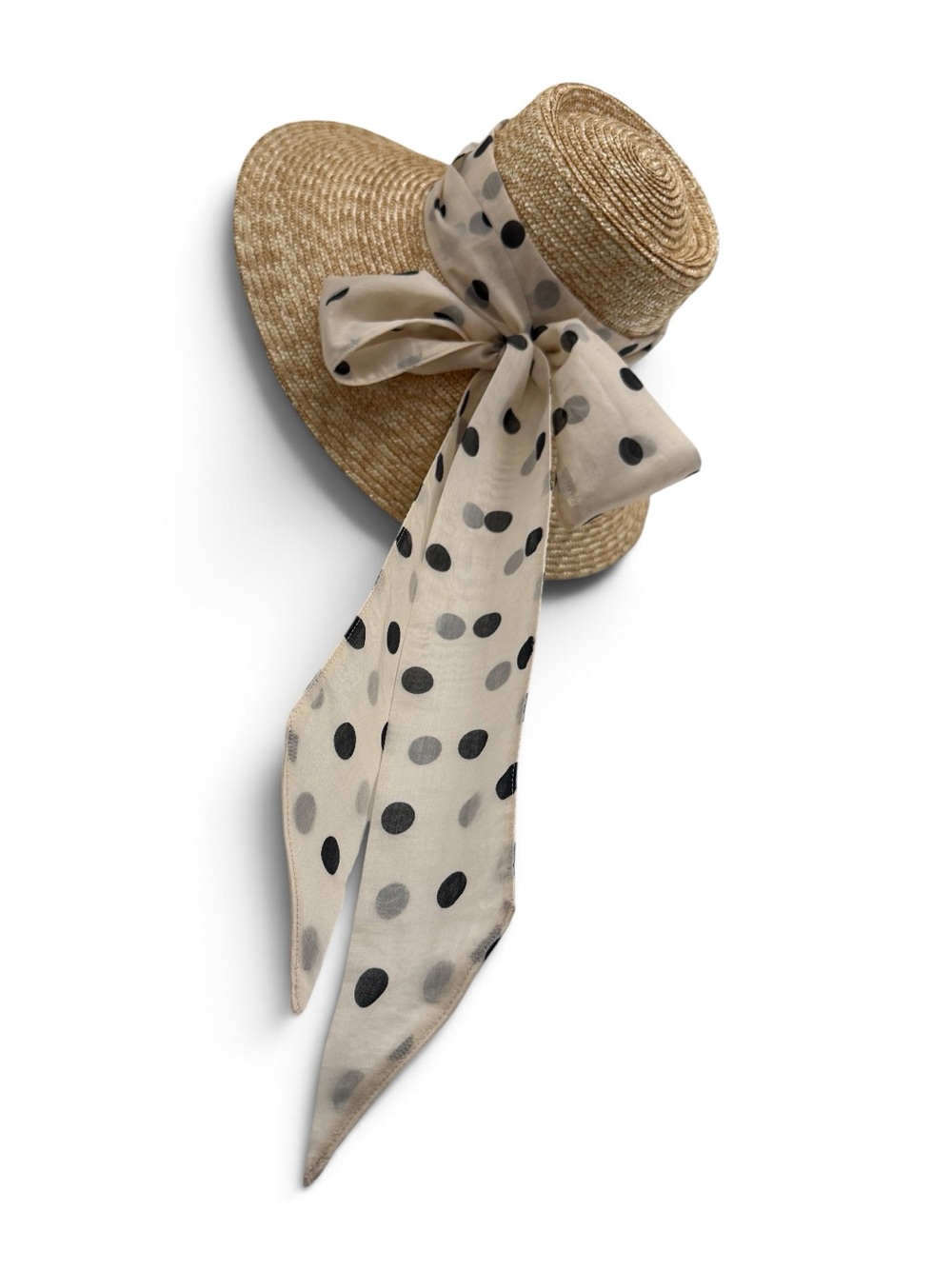 Straw Sun Hat with Polka Dot Scarf Bow - Beige/Black